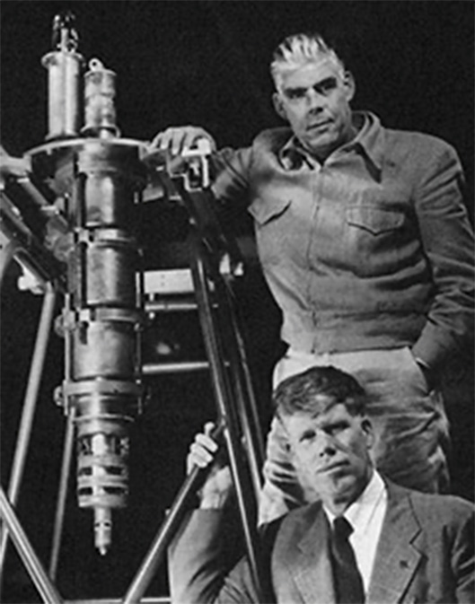 Sig and Russell Varian post with a klystron, circa 1953